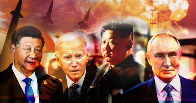 World War 3 possibility के बीच वैश्विक तनाव को दर्शाती हुई छवि जिसमें चीन के शी जिनपिंग, अमेरिका के जो बाइडन, रूस के व्लादिमीर पुतिन और उत्तर कोरिया के किम जोंग उन गंभीर मुद्रा में हैं, पृष्ठभूमि में मिसाइल और परमाणु विस्फोट के साथ।