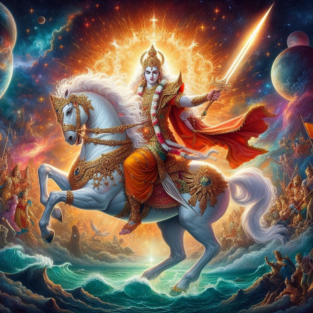 भगवान विष्णु का कल्कि अवतार, सफेद घोड़े पर सवार और तलवार के साथ