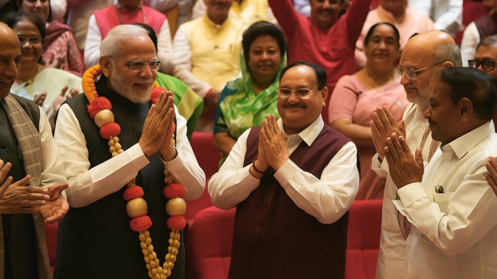 एनडीए बैठक में प्रधानमंत्री नरेंद्र मोदी को ऑपरेशन सिंदूर की सफलता पर सम्मानित करते हुए नेता