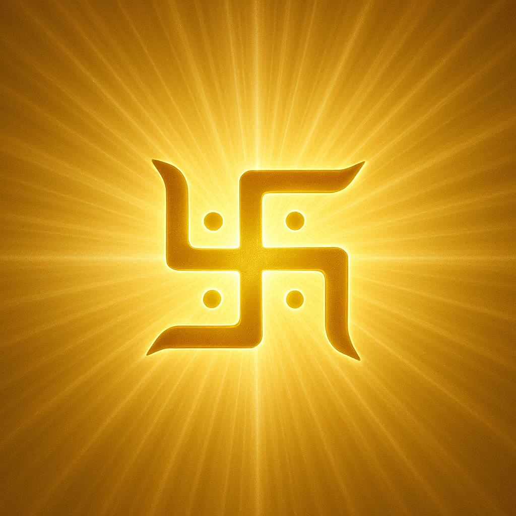 स्वास्तिक के चारों ओर ऊर्जा की लहरें या प्रकाश फैलता हुआ, घर के भीतर स्वच्छ, हरियाली और हल्का माहौल, स्वास्तिक केंद्र में चमकता हुआ