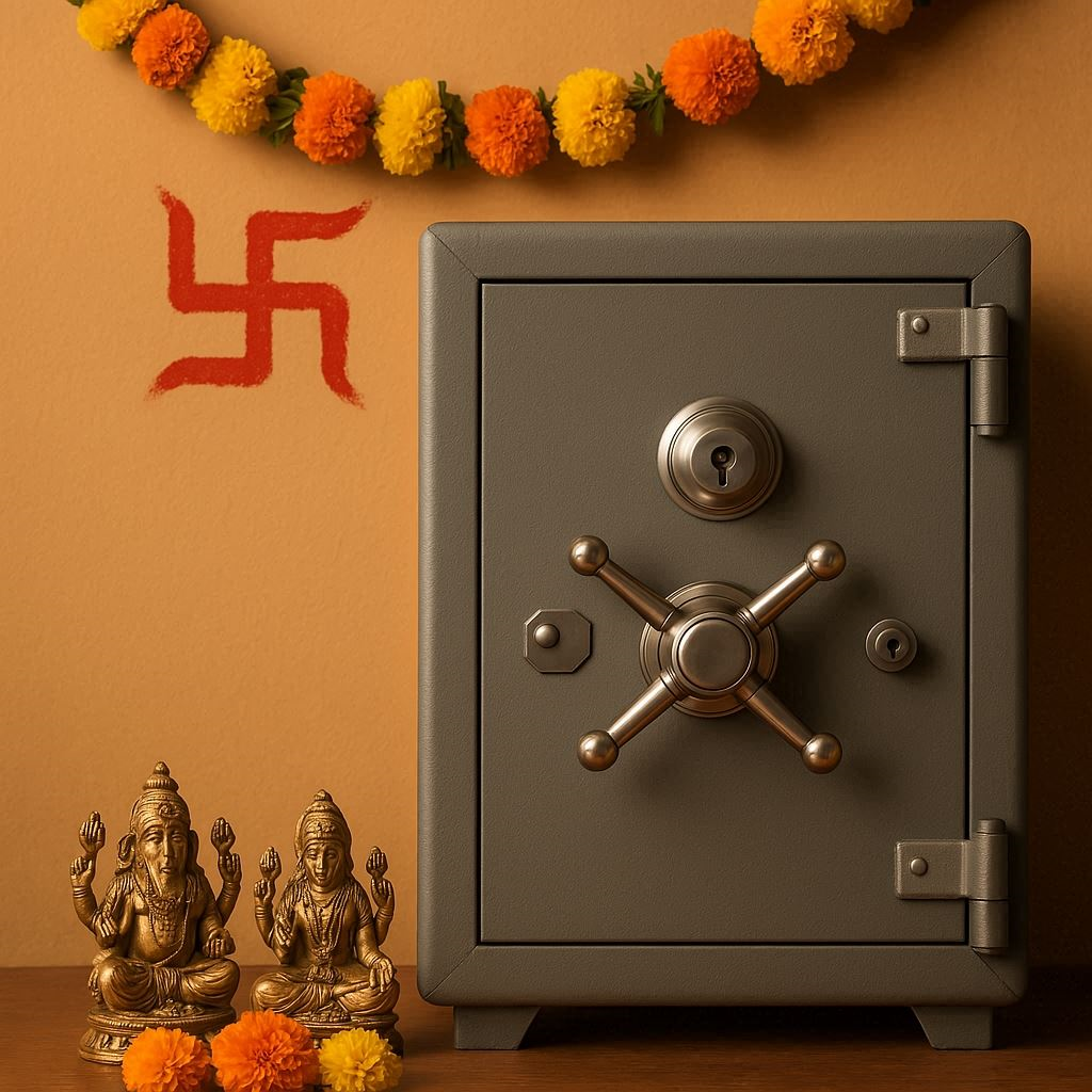 दफ्तर की अलमारी या तिजोरी पर लाल रंग से बना स्वास्तिक चिन्ह, पास में लक्ष्मी गणेश की मूर्ति, धन और समृद्धि का वातावरण