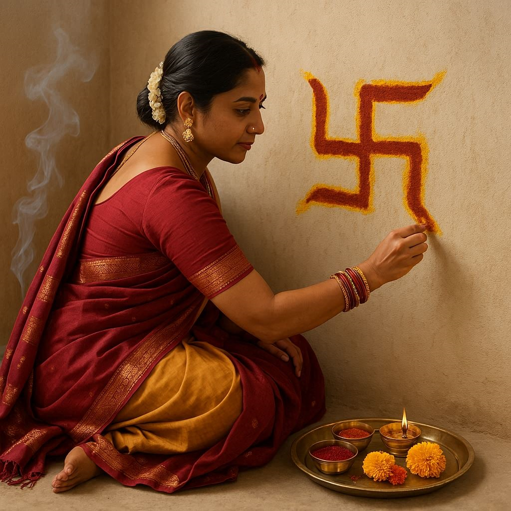 एक महिला स्वास्तिक बना रही है कुमकुम और हल्दी से, पास में पूजा की थाली और धूपबत्ती, पीछे दीवार पर भगवान विष्णु की तस्वीर, शुद्ध और आध्यात्मिक वातावरण