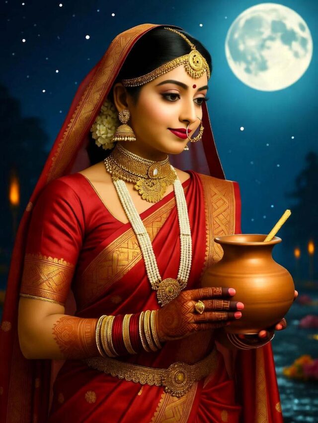 Indian married woman performing Karwa Chauth rituals under the moonlight wearing red saree and traditional jewelry.