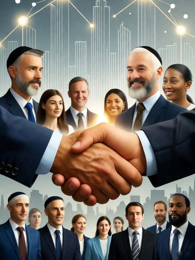 Group of Jewish businesspeople networking globally with glowing lines