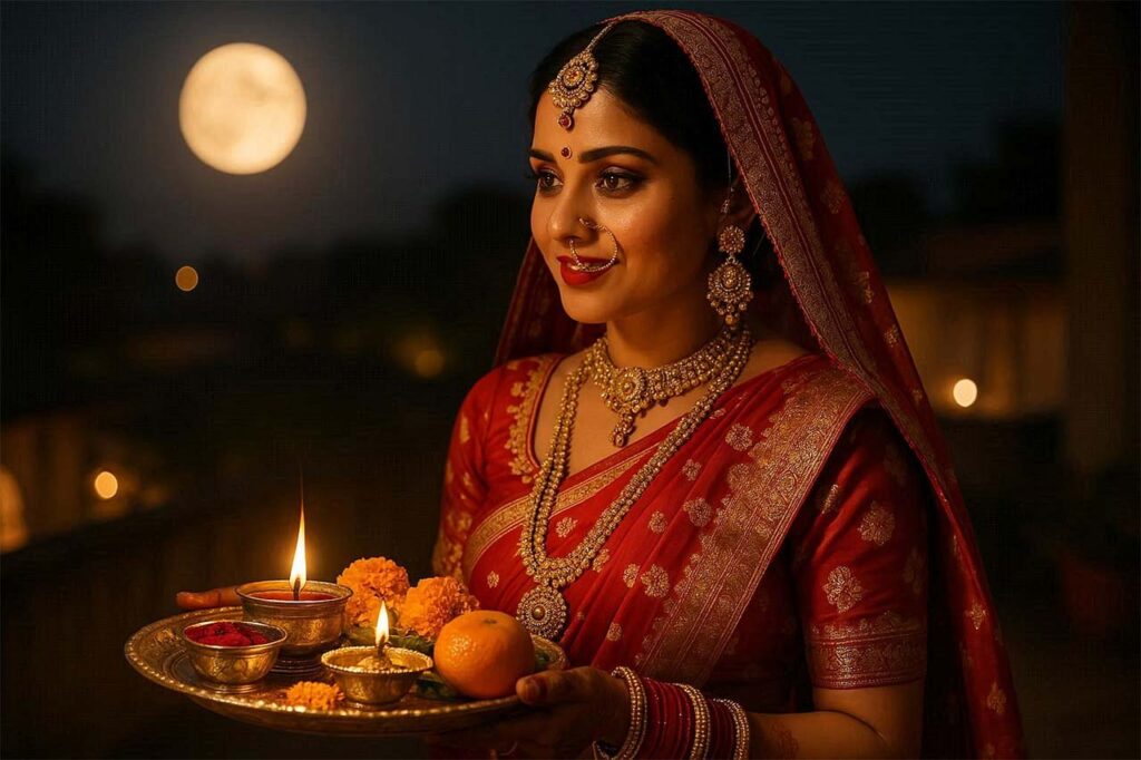 Indian married woman performing Karwa Chauth rituals under the moonlight wearing red saree and traditional jewelry.