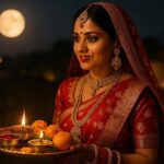 Indian married woman performing Karwa Chauth rituals under the moonlight wearing red saree and traditional jewelry.