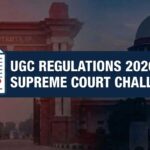 UGC Regulations 2026 Supreme Court challenge banner showing university campus, Supreme Court silhouette and justice scale symbol